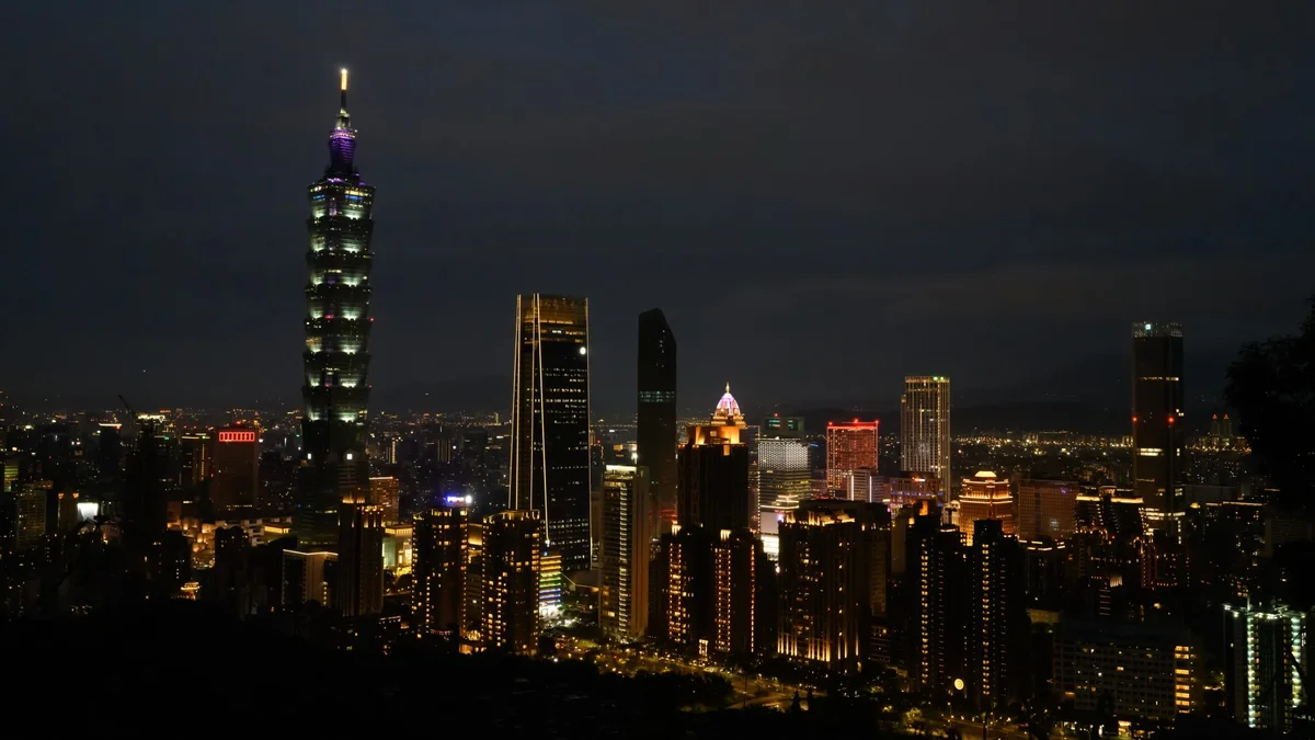 High-rise towers lit at night