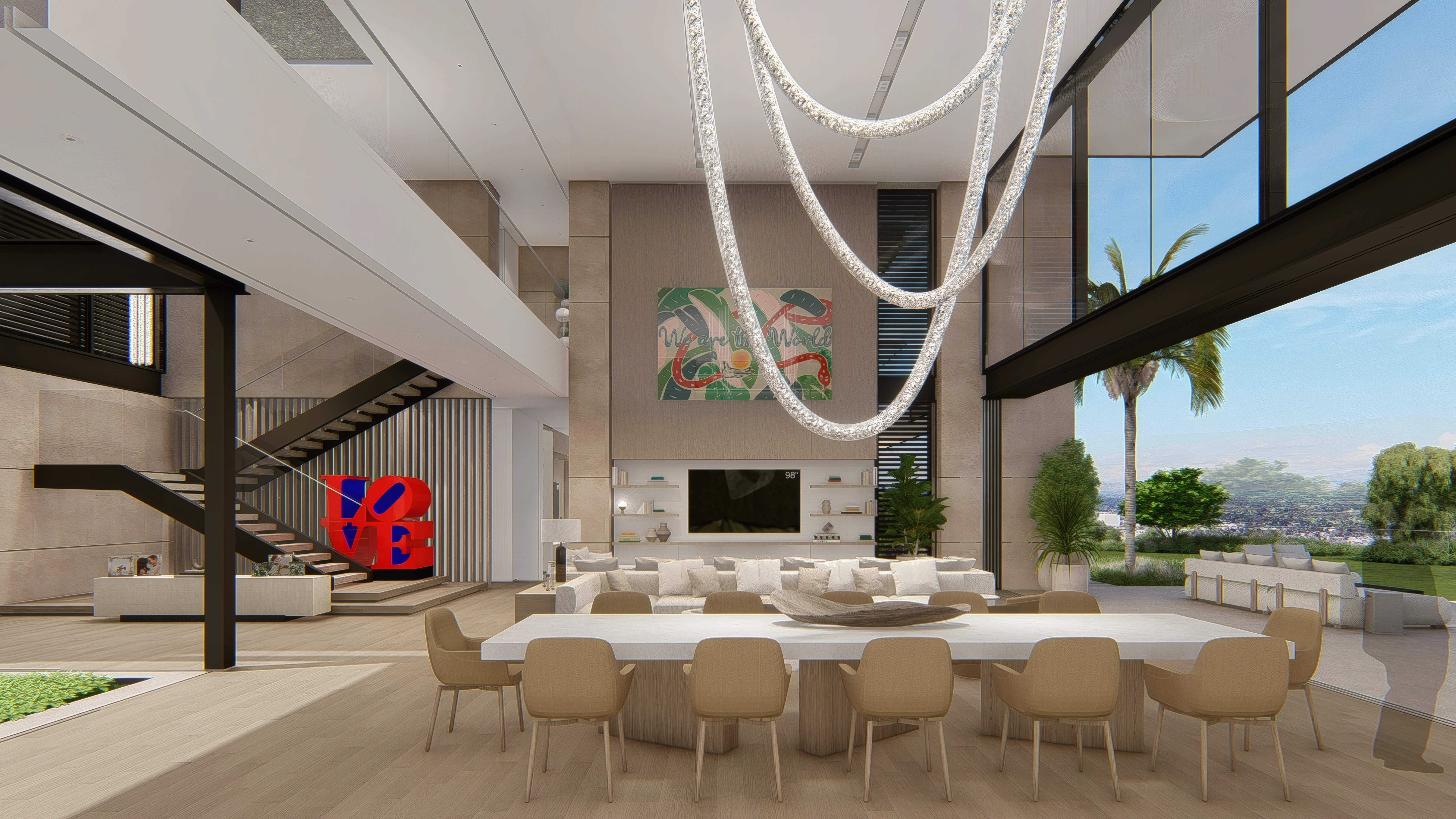 Cascading chandelier over a long dining table in a double-height room