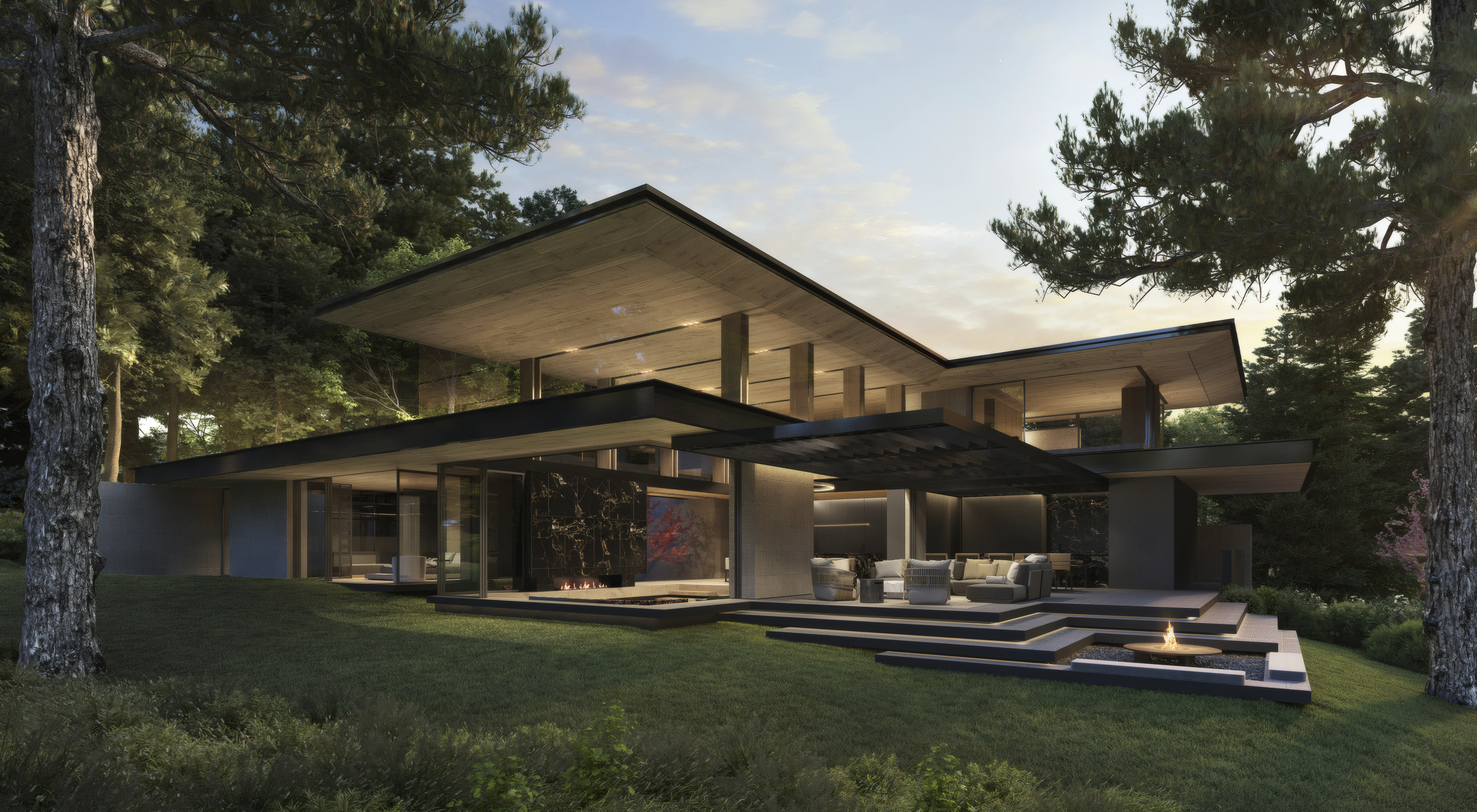Glass-walled villa deep in a pine forest at dusk, lit from within around a black marble fireplace and outdoor fire pit