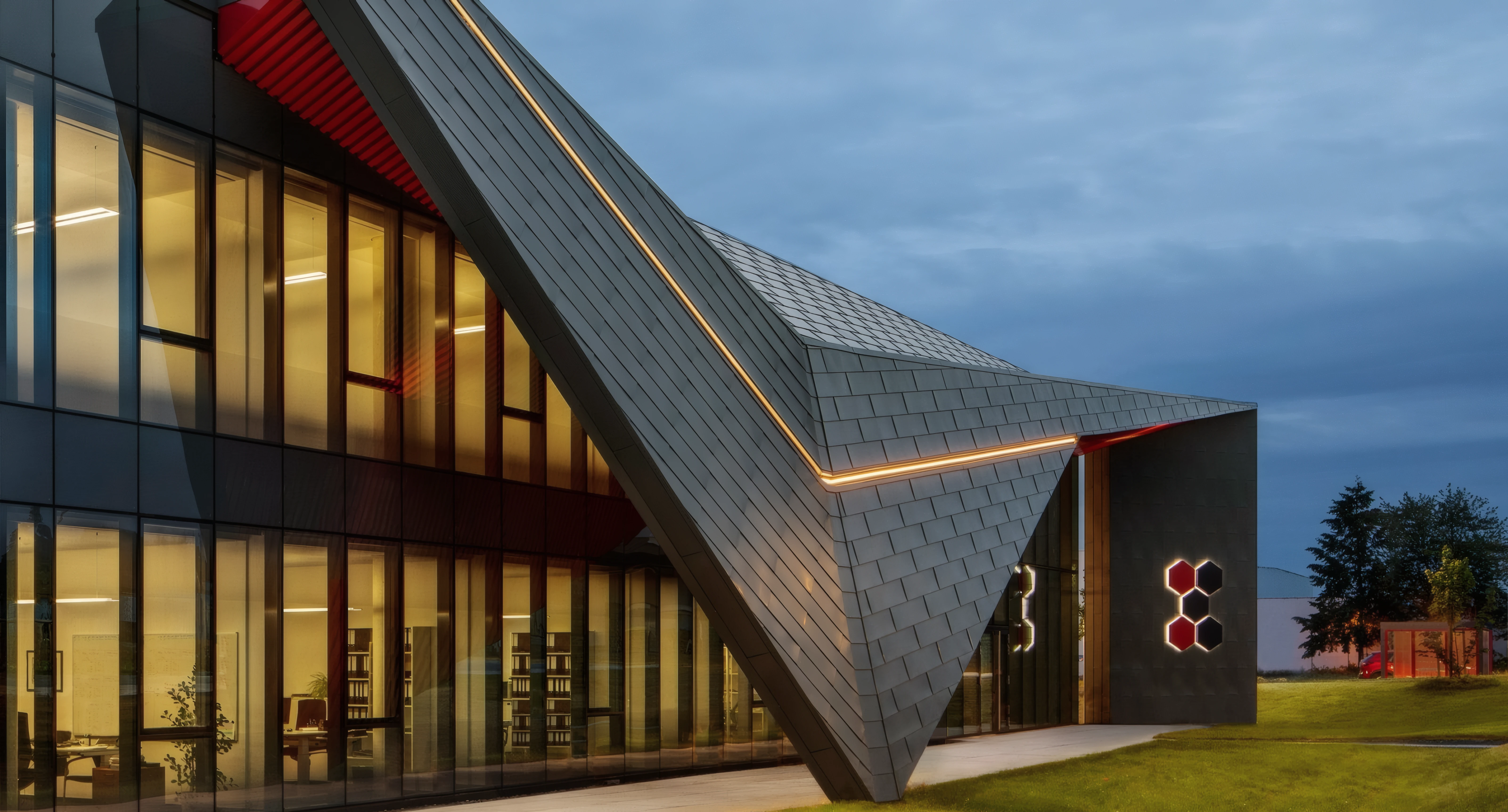 Angular building facade at dusk with its outline traced in light