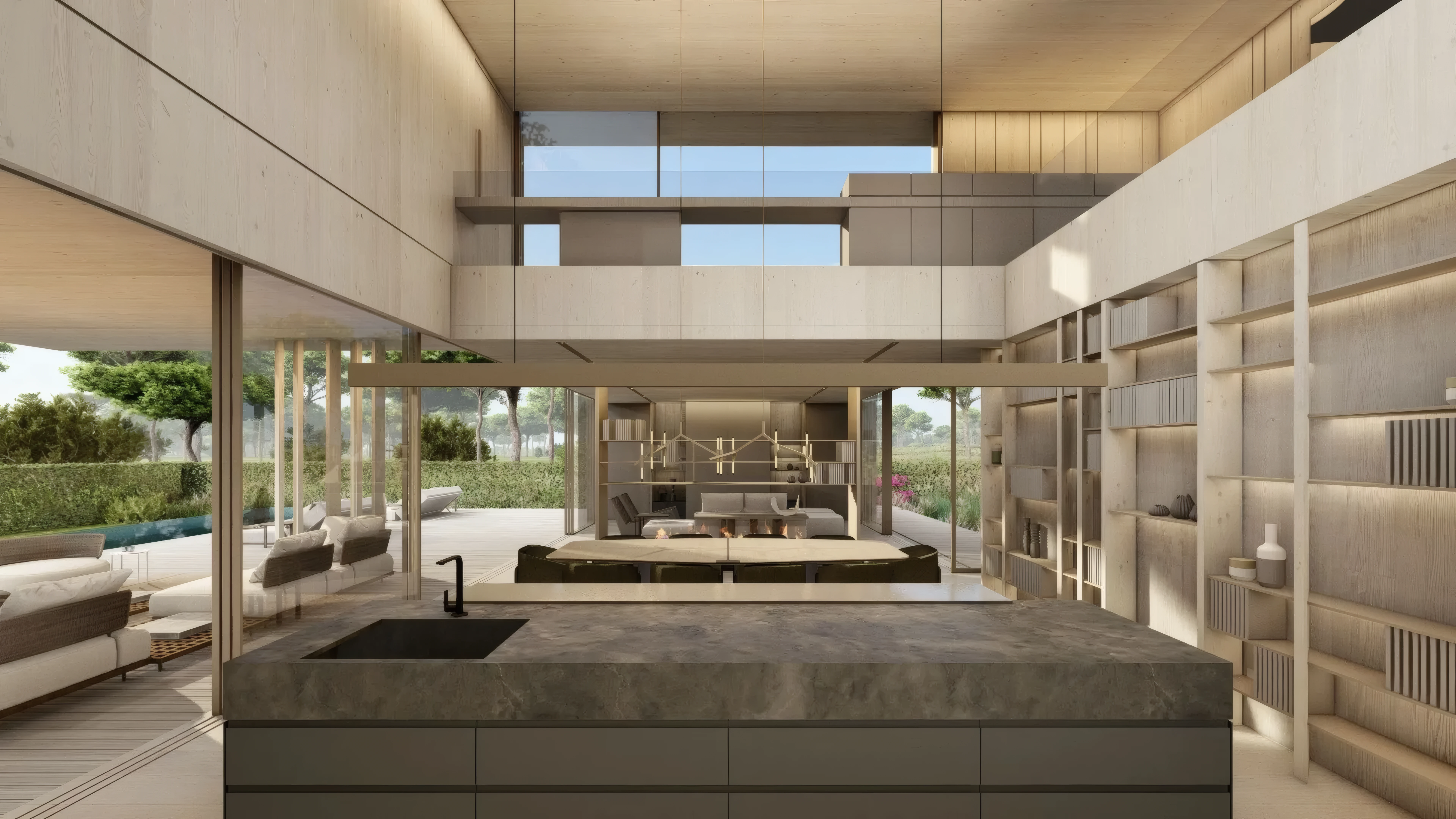 Double-height living and dining room with a linear chandelier and fireplace