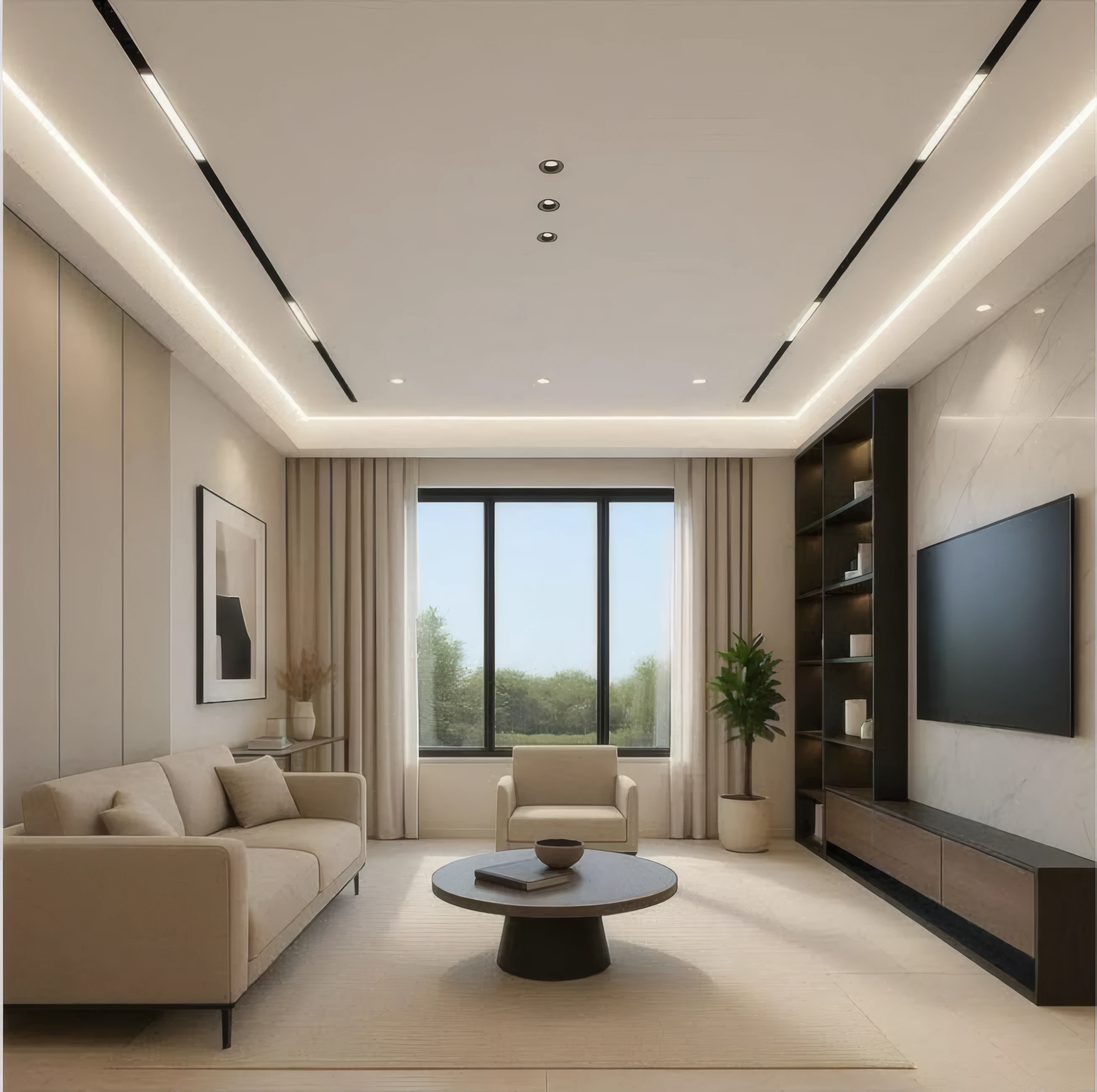 Living room with black magnetic tracks recessed along the ceiling, lit by spots and linear light modules