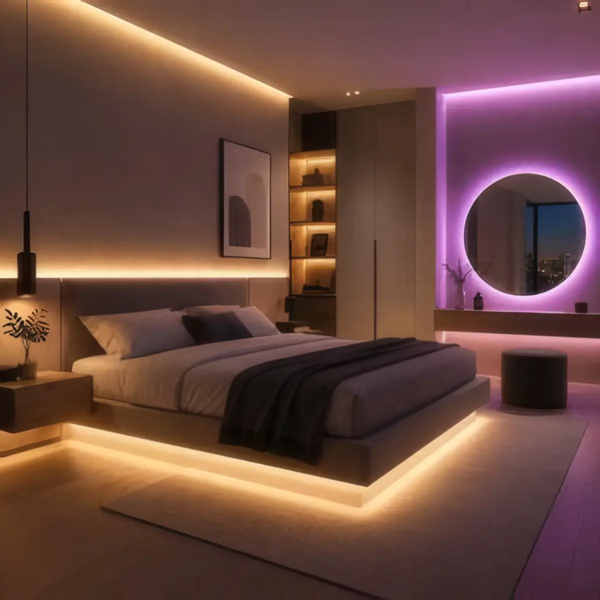 Bedroom with smart LED strips glowing under the bed and around a round mirror